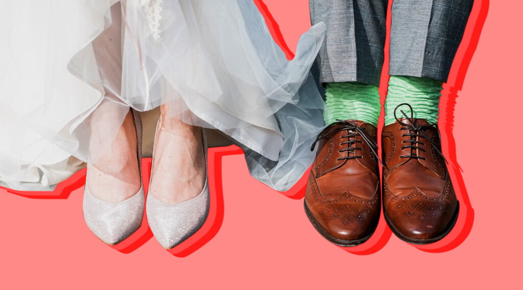 the science of love can help us lead better love lives, illustrated by two pairs of wedding shoes