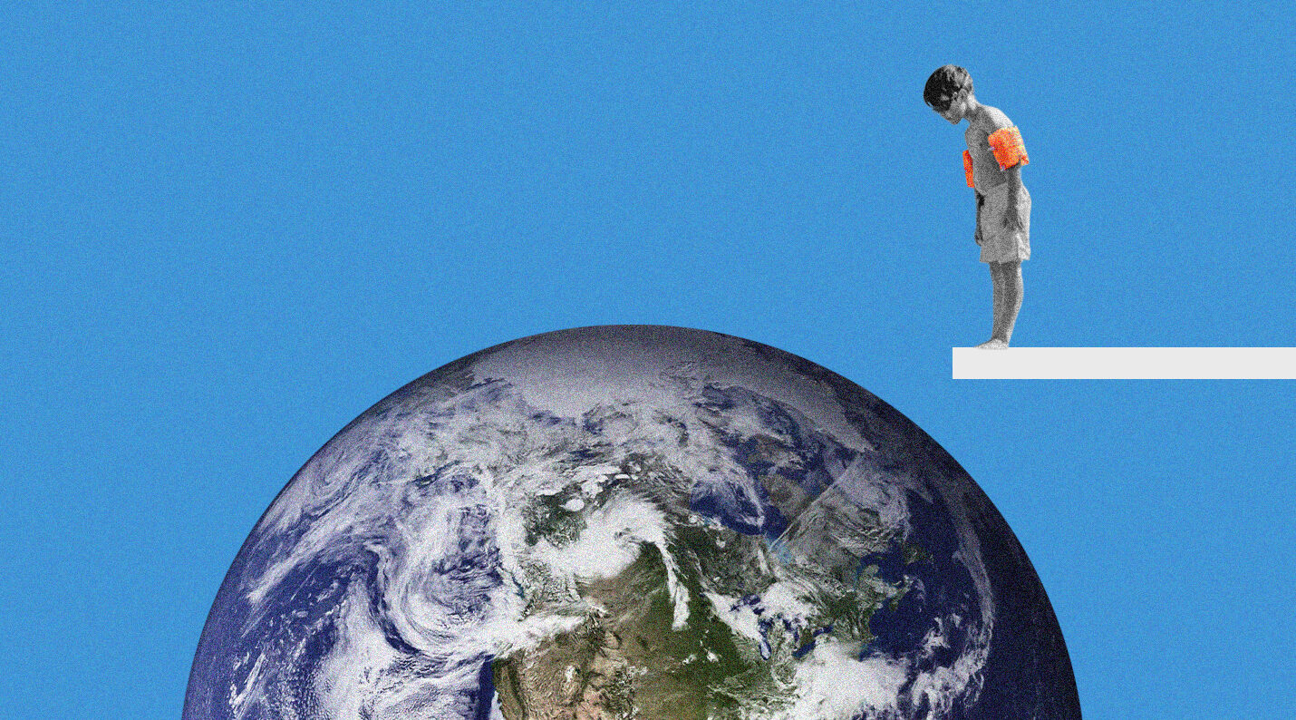 can we be more positive about climate change, boy on diving board looking at earth