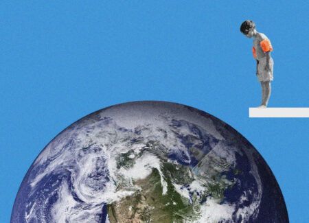 can we be more positive about climate change, boy on diving board looking at earth